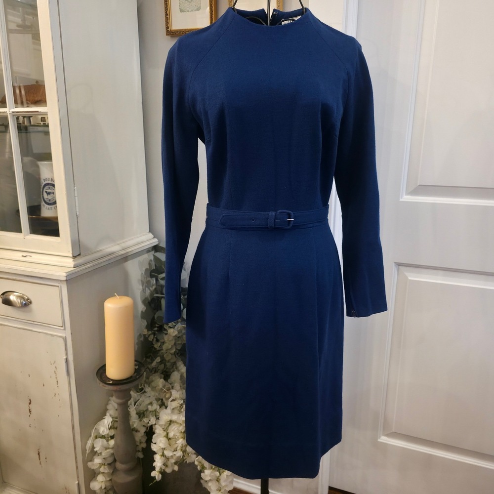 MISS RUBETTE‎ Wool Sheath Dress Sz 14 Navy Mod 1960s Jackie O Classic Vintage